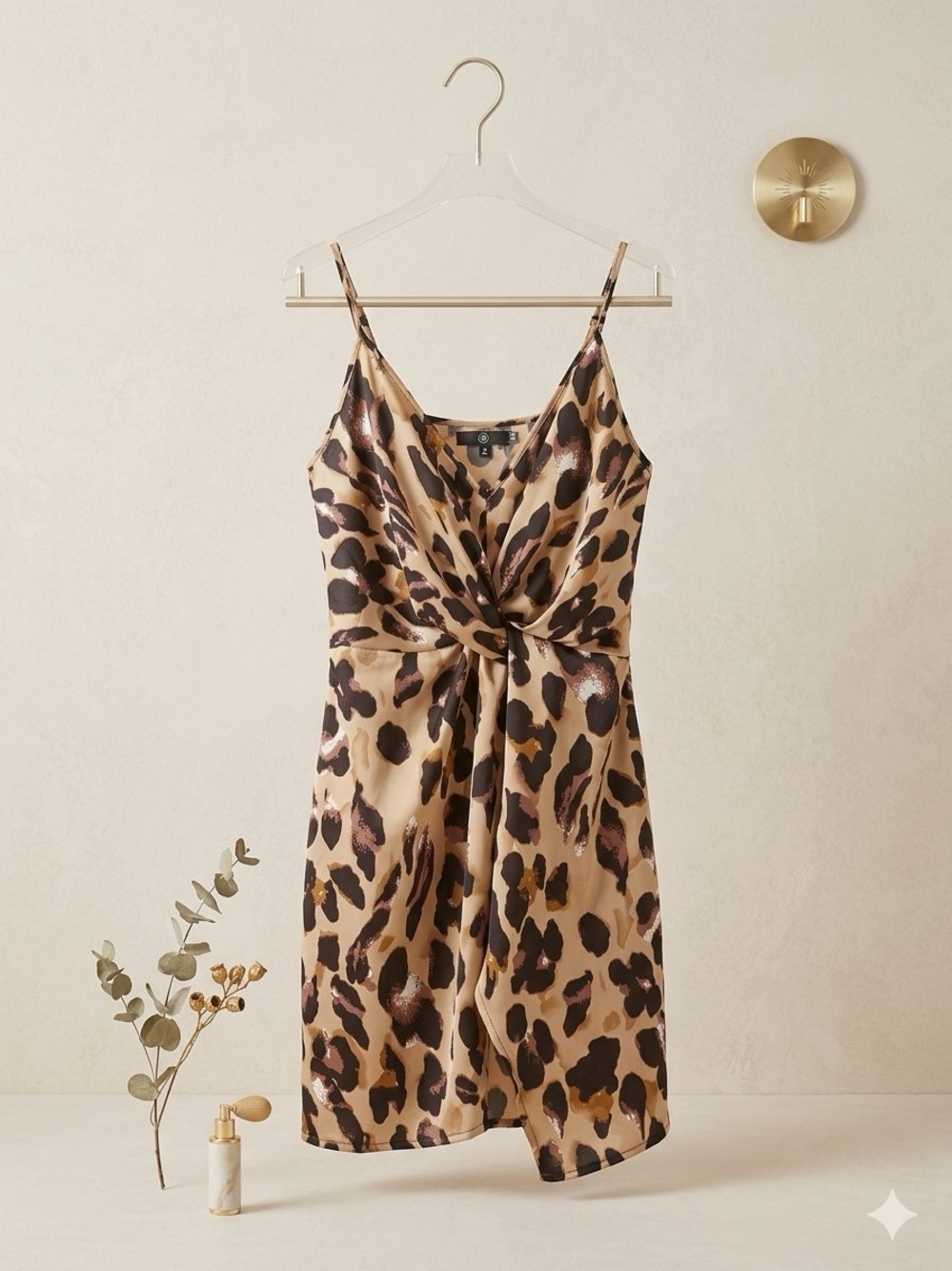 Leopard Print Knot-Front Slip Dress - Beige/Brown